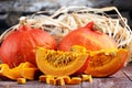 Pumpkin and pumpkin slices Autumn Healthy Food Nutrition Seasonal Vegetable Concept.