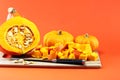 Pumpkin and pumpkin slices Autumn Healthy Food Nutrition Seasonal Vegetable Concept