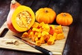 Pumpkin and pumpkin slices Autumn Healthy Food Nutrition Seasonal Vegetable Concept