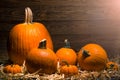 Pumpkin. Pumpkins on natural wooden background and hay. Thanksgiving Day or October fest. Autumn decorations. Royalty Free Stock Photo