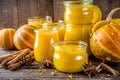 Pumpkin puree in different glass jars