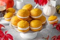 Pumpkin sandwich cookies with cream cheese on a gray concrete bsckground. Spicy autumn dessert. Copy space Royalty Free Stock Photo