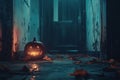 A pumpkin with a scary face is sitting on the floor in a dark hallway Royalty Free Stock Photo