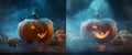 mystery blue pumpkin halloween copyspace night table evil background horror fear. Generative AI. Royalty Free Stock Photo