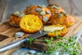 Pumpkin scones with thyme and butter for breakfast. Royalty Free Stock Photo