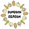 Pumpkin season decorative wreath banner with cute colorful pumpkins. Fall harvest postcard