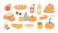 Pumpkin season. Seasonal spiced food and drinks. Autumn style coffee latte and pies, bread and soup. Flavored meals and