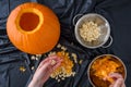 Pumpkin seed harvesting, womanÃ¢â¬â¢s hands sorting seeds and pumpkin guts