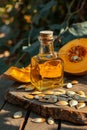 Pumpkin seed oil on a table in the garden. Selective focus. Royalty Free Stock Photo