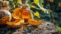 Pumpkin seed oil on a table in the garden. Selective focus. Royalty Free Stock Photo