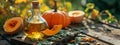 Pumpkin seed oil on a table in the garden. Selective focus. Royalty Free Stock Photo