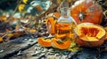 Pumpkin seed oil on a table in the garden. Selective focus. Royalty Free Stock Photo