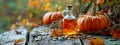 Pumpkin seed oil on a table in the garden. Selective focus. Royalty Free Stock Photo