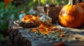 Pumpkin seed oil on a table in the garden. Selective focus. Royalty Free Stock Photo