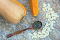 Pumpkin and pumpkin seeds. Natural stone background, flat lay