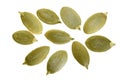 Pumpkin seeds or pepitas, isolated on white background. Top view. Flat lay