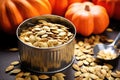 pumpkin seeds with a scoop in a metal container