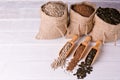 Pumpkin seeds, sunflower and flax seeds in wooden spoon. In the background jute bag with seeds. Royalty Free Stock Photo