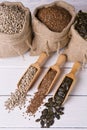 Pumpkin seeds, sunflower and flax seeds in wooden spoon. In the background jute bag with seeds. Royalty Free Stock Photo