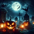Graveyard Intrigue as Jack O' Lanterns Illuminate a Spooky Halloween Night. Generative ai for illustrations Royalty Free Stock Photo