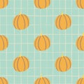 Pumpkin Simple Seamless Pattern. Orange Abstract Vegetable Silhouettes On Blue Background With Check