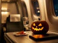 A pumpkin sitting on top of a table next to a glass of wine Royalty Free Stock Photo