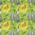 Pumpkin slice whole and pumpkin leaf watercolor seamless pattern. Background texture.