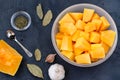 Pumpkin slices in a bowl prepared for baking