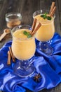 Pumpkin smoothie with cinnamon and granola on the old wooden background. Royalty Free Stock Photo