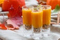 Pumpkin smoothies with cinnamon, ginger and granola. Useful nutrition. Autumn desserts