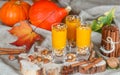 Pumpkin smoothies with nuts, cinnamon, ginger and granola. Useful nutrition. Autumn desserts