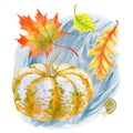 Pumpkin with snail and autumn leaves. Hand drawn watercolor.