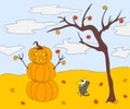Pumpkin Snowman with a kind face standing under an autumn tree o