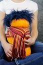 Pumpkin snowman and young boy close up photo Royalty Free Stock Photo