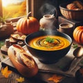 Pumpkin Soup with Baguette and Pumpkin in Rustic Kitchen on Cozy Autumn Background.