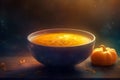 Pumpkin soup in a blue bowl on a dark background.