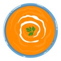 Pumpkin soup in a bowl with sour cream and parsley, isolated. Top view. Vector hand drawn illustration.