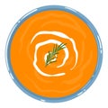 Pumpkin soup in a bowl with sour cream and rosemary, isolated. Top view. Vector hand drawn illustration.