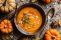 Pumpkin soup in a bowl on a wooden table