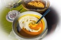 Pumpkin soup, bread and vine. Royalty Free Stock Photo