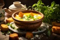 Pumpkin soup in a carved bowl garnished with cream croutons and fresh herbs. Traditional food concept