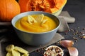 Pumpkin soup in a ceramic bowl with fresh pumpkins, garlic, wheat croutons and spices. Traditional thanksgiving day meal Royalty Free Stock Photo