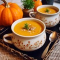 Pumpkin soup in a ceramic decorated bowl with an ear. Pumpkin as a dish of thanksgiving for the harvest Royalty Free Stock Photo