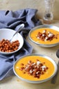 Pumpkin Soup with Chickpea, Bacon and Feta