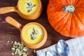 Pumpkin soup in a clay pot Royalty Free Stock Photo