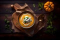 Pumpkin soup with cream and parsley on dark wooden background. AI Generative Royalty Free Stock Photo