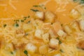 Pumpkin soup with croutons and grated cheese Royalty Free Stock Photo