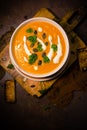 Pumpkin soup croutons parsley pumpkin seeds cream dark arrangement