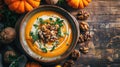 Pumpkin soup garnished with walnuts and herbs in a ceramic bowl surrounded by autumn decor