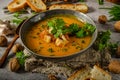 Pumpkin soup with herbs and crispy toast